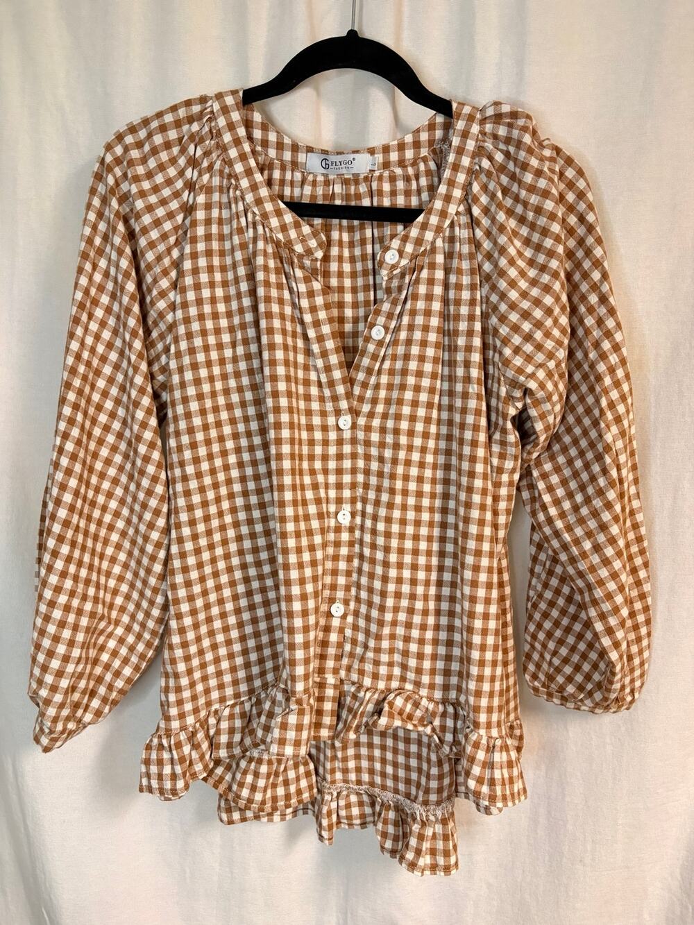 Flygo Brown White Gingham Ruffle Button Blouse Top Size L Cottagecore